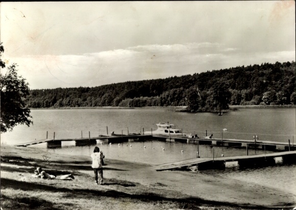 Ak Neuruppin in Brandenburg, Landschaft am See, Steg mit Booten, Personen am Ufer, Bäume