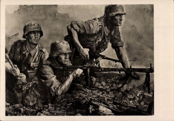 Künstler Ak Sauter, Wilhelm, Deutsche Wehrmacht, Leichtes MG, Kampftrupp, II. WK, HDK 499
