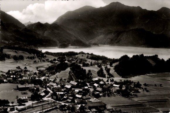 Postcard Kochel am See Upper Bavaria, landscape photo, mountains, lake, village view, black and white