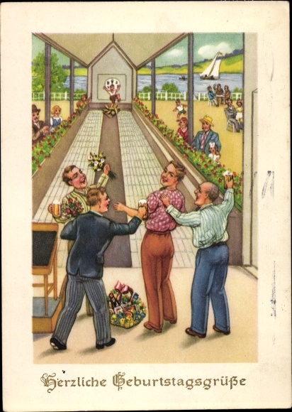 Postcard Happy birthday, men at the bowling alley, flowers