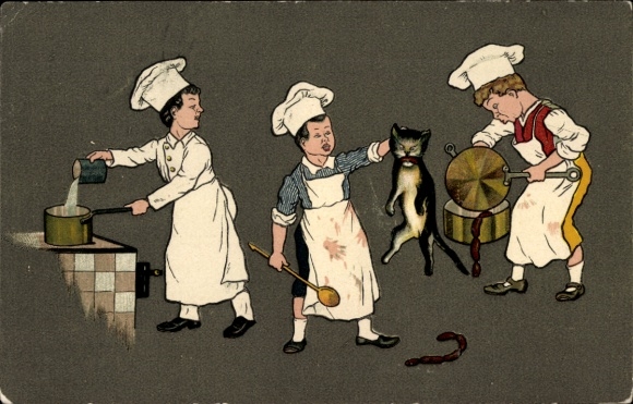 Chromo-Litho Cat stole sausage, cooks