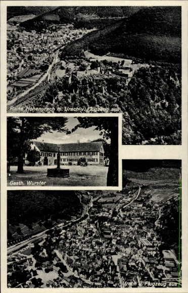 Postcard Bad Urach in the Swabian Alb Württemberg, ruins of Hohenurach, aerial photograph, guest house