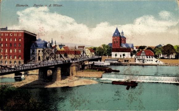 Ak Hameln an der Weser Niedersachsen, Brücke über die Weser, Altstadt, Wasser, Türme