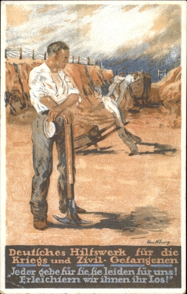Artist Postcard German Relief Organization for Prisoners of War and Civilians, Prisoners at Penal Labor