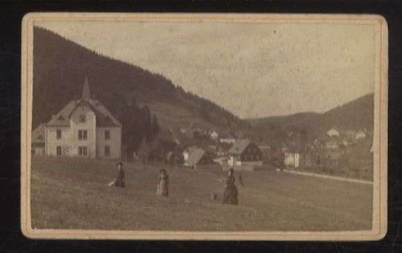 CdV Photo Eibenstock in the Ore Mountains Saxony, partial view, houses, church, farmers' wives