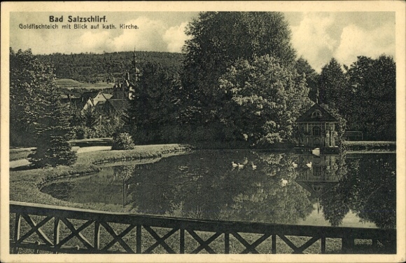 Postcard Bad Salzschlirf in Hesse, goldfish pond, Catholic church