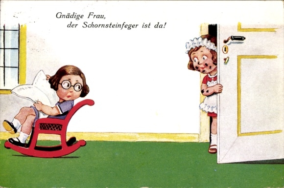 Artist Postcard Wills, John, Girl in a rocking chair reading the newspaper, Maid