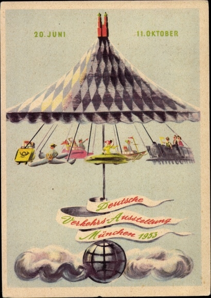 Artist PC Marsow, M. v., Munich Bavaria, German traffic exhibition 1953, carousel