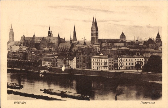 Postcard Hanseatic City of Bremen, panorama of river, buildings, towers