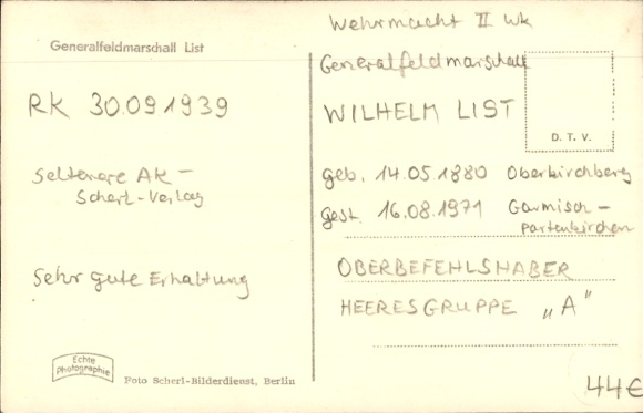 Feldmarszałek Wilhelm List, odznaczony Krzyżem Rycerskim, dowódca naczelny Grupy Armii A, Wehrmacht