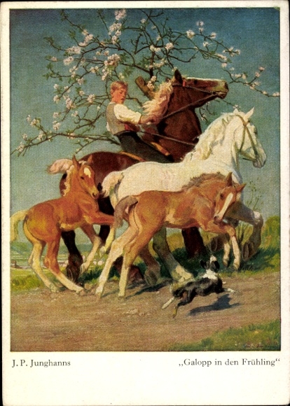 Artist Postcard Junghanns, JP, Gallop into Spring, Horses, Dog