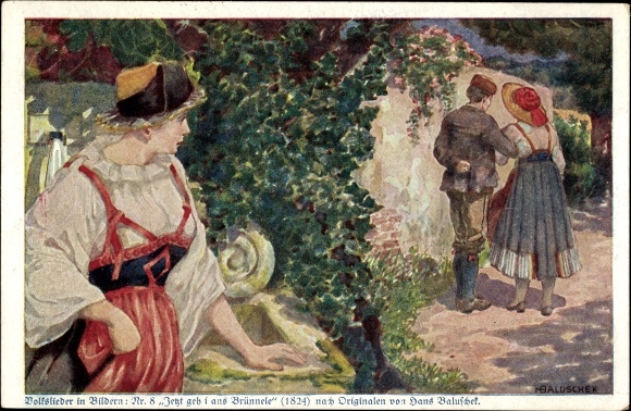 Song artist Postcard Baluschek, Hans, Now i go to the Brünnele
