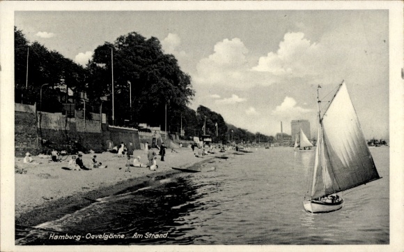 Postcard Hamburg Altona Oevelgönne, On the beach, Sailboat