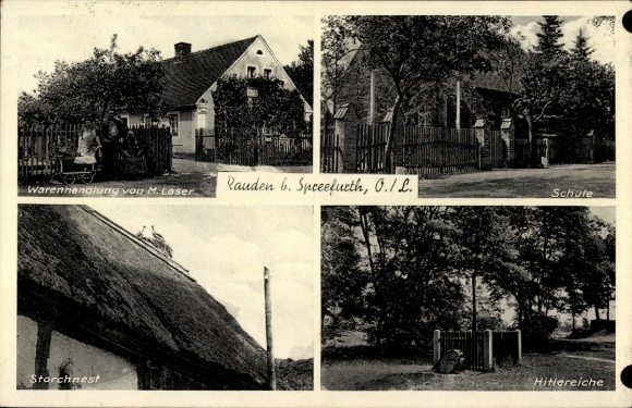 Postcard Rauden Boxberg in Upper Lusatia, shop M. Loser, school, stork's nest, Hitler's oak