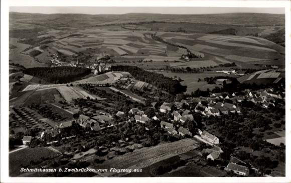 Postcard Zweibrücken in the Palatinate, aerial view of Schmitshausen, rural landscape, weekend