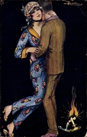 Artist Postcard Busi, Adolfo, lovers, woman in colorful pants suit, pajamas