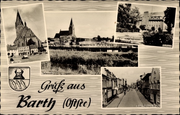 Postcard Barth an der Ostsee, St. Marien, town hall, partial view, E.-Thälmann-Straße