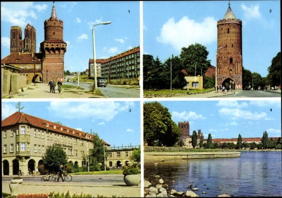 Postcard Prenzlau in the Uckermark, Mitteltorturm, Blindower Tor, Hotel Uckermark, Uckersee