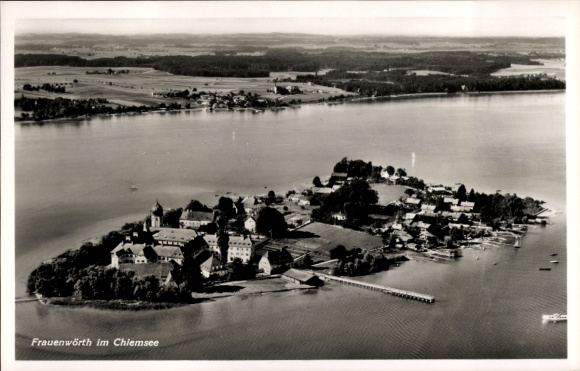 Postcard Frauenchiemsee Fraueninsel Chiemsee Upper Bavaria, aerial photograph