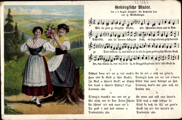 Song Postcard Mückenberger, Hilmar, Gebrgische Madle, young women in costumes, Erzgebirge