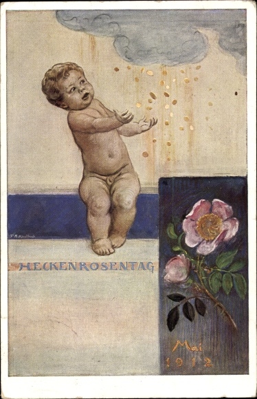 Artist PC Kaulbach, Friedrich August, Munich, Dog Rose Day May 1912, small child, rain of money