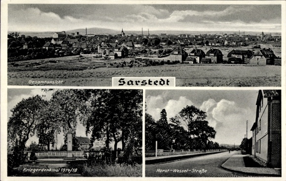 Postcard Sarstedt Lower Saxony, general view, Horst-Wesel-Straße, war memorial