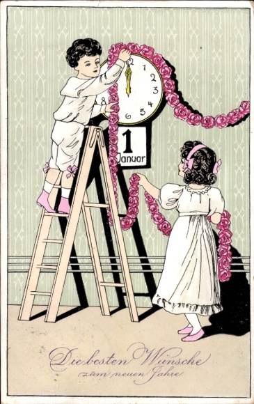 Greeting card Happy New Year, children, flowers, boy on the ladder, clock, calendar