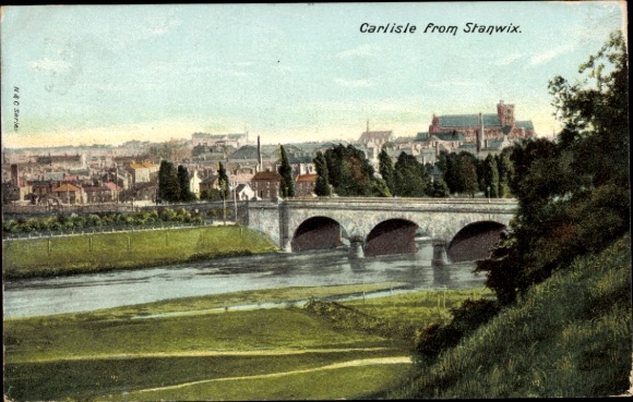 Postcard Carlisle Cumbria England, view of bridge, river, rolling hills, colorful n-design