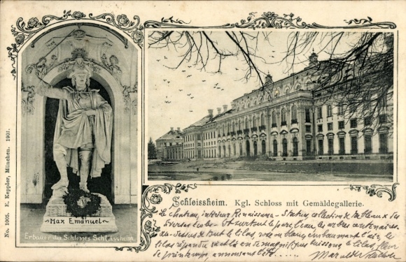 Passepartout Ak Schleißheim in Oberbayern, Königliche Schloss mit Gemäldegallerie, Statue