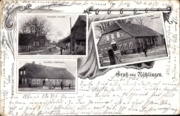 Postcard Rätzlingen Lüneburg Heath, Gasthof Gaafke, Gasthof Schröder, street