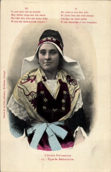 Ak Bethmale Ariège, junge Frau in traditioneller Tracht