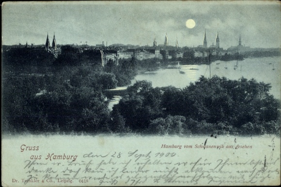Moonlight Postcard Hamburg Nord Hohenfelde, general view from Schwanenwik