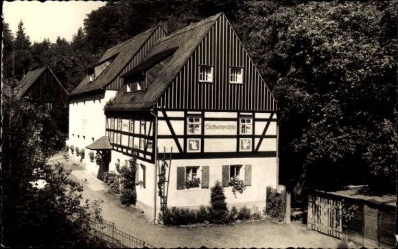 Postcard Bad Schandau Saxon Switzerland, half-timbered house, forest idyll Liethenmühle, nature, rural surroundings...