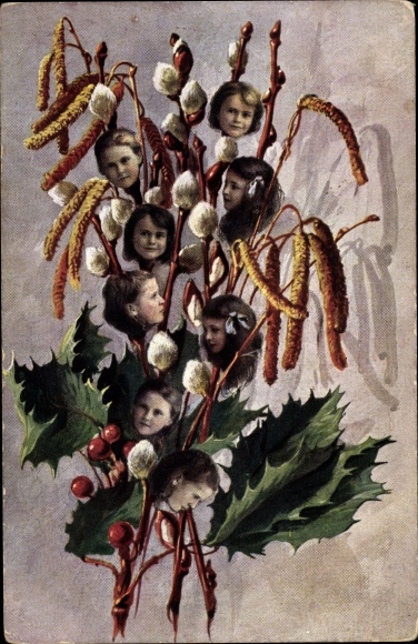 PC Margeritentag Munich 1911, bouquet with willow catkins, holly, children&#39;s faces