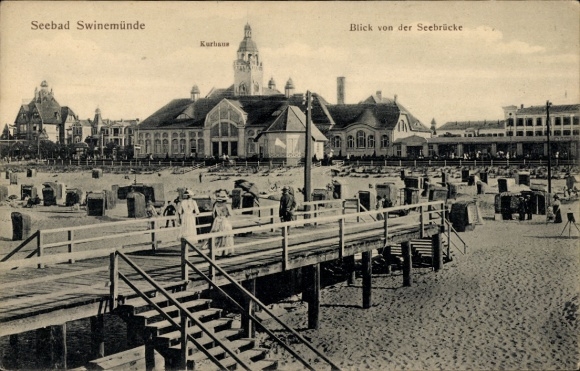 Postcard Świnoujście Swinoujscie Pomerania, spa house, beach, view from the pier
