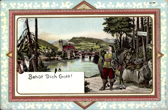 Postcard Bad Säckingen am Hochrhein, God bless you, rider of Säckingen with trumpet, dwarves