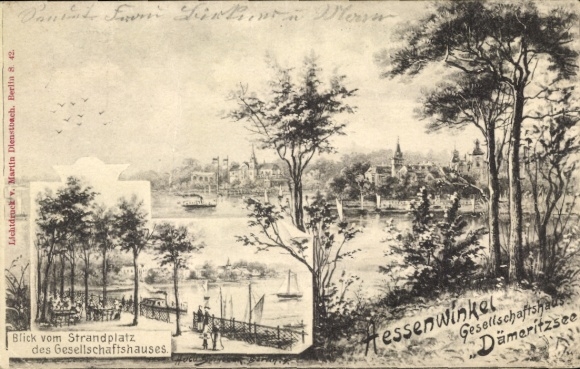 Postcard Berlin Köpenick Rahnsdorf Hessenwinkel, Gesellschaftshaus Dämeritzsee, view from the beach square