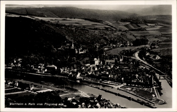 Postcard Wertheim am Main, aerial photograph relative to the surrounding area, house views, river