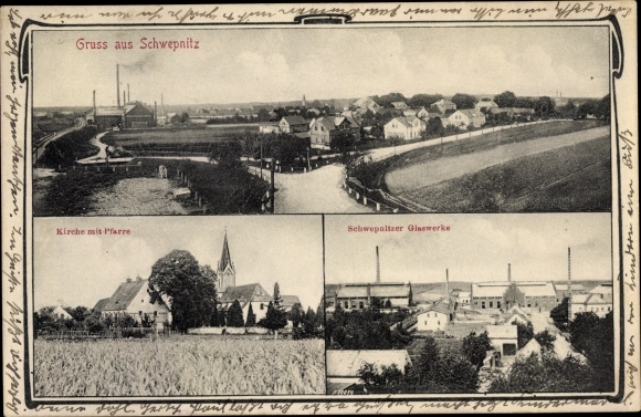 PC Schwepnitz Sachsen, glass works, total view, church, parish