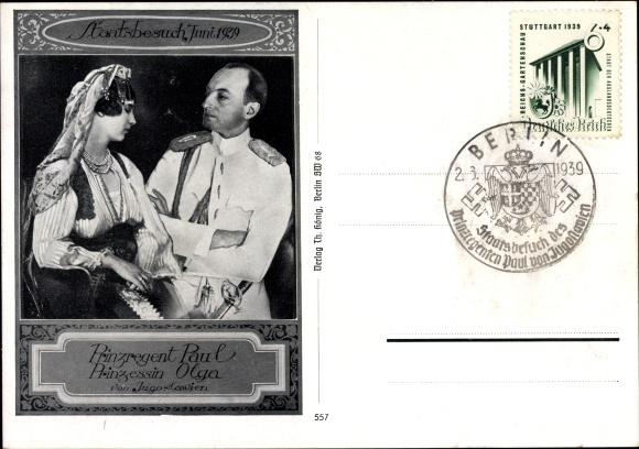 Postcard State visit of the Prince Regent Paul of Yugoslavia with Princess Olga
