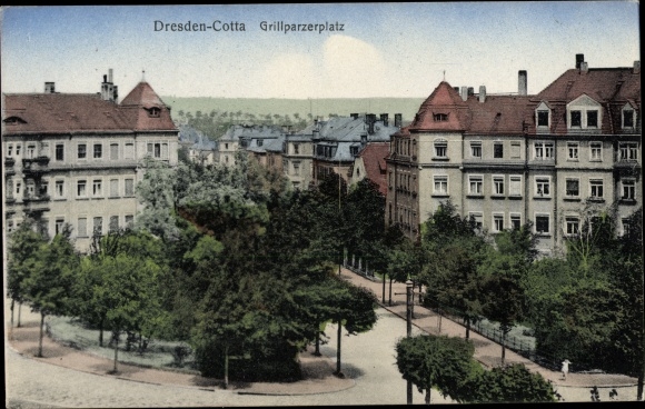 Postcard Dresden West Cotta, view of the Grillparzerplatz