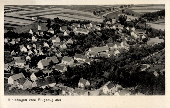Postcard Bihlafingen Laupheim in Upper Swabia, aerial view of small houses, fields, forests