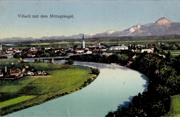 Postcard Villach in Carinthia, Mittagskogel, river