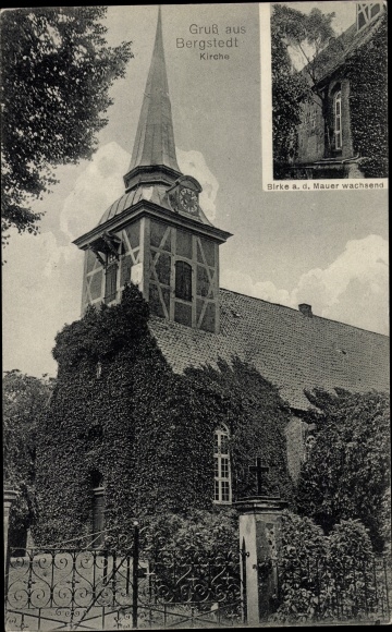 Postcard Hamburg Wandsbek Bergstedt, church, birch growing on the wall