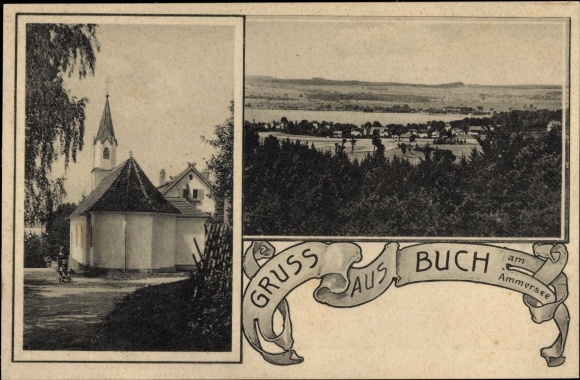 Postcard Buch am Ammersee Inning Oberbayern, general view, church