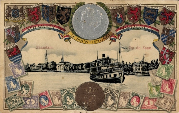 Präge Wappen Briefmarken Ak  Zaandam Zaanstad Nordholland, Op de Zaan, Königin Wilhelmina