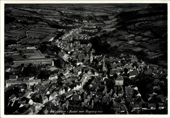 Postcard Weingarten in Baden, aerial photograph of Weingarten, village view, black and white
