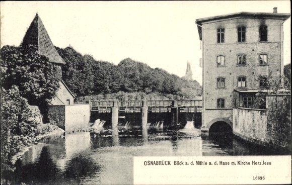 Ak Osnabrück in Niedersachsen, Blick auf Mühle an der Hase, Kirche Herz Jesu, historische Arch...