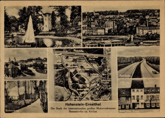 Ak Hohenstein Ernstthal, Kurhaus Mineralbad, Birkenweg, Markt, Autobahn