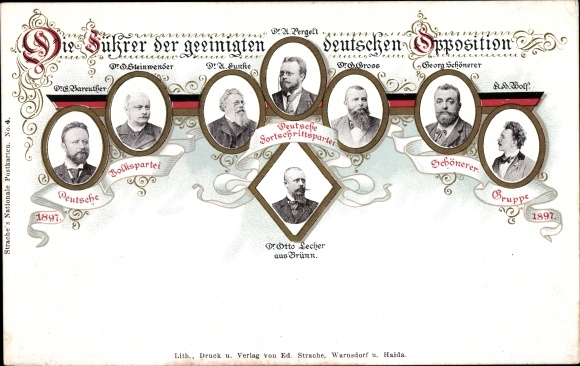 Postcard leaders of the unified German opposition, German Progressive Party, Otto Lecher, Pergelt, Gross